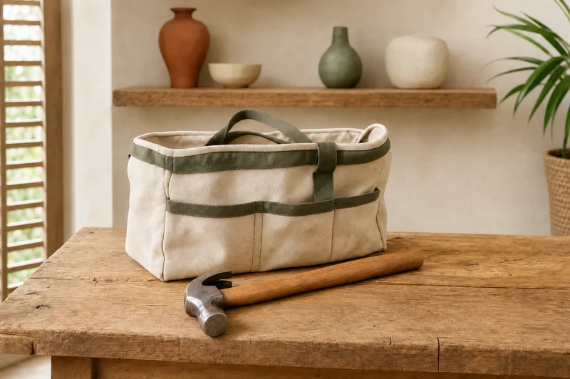Scène d’illustration : sac à outils et marteau sur une surface de travail en bois.