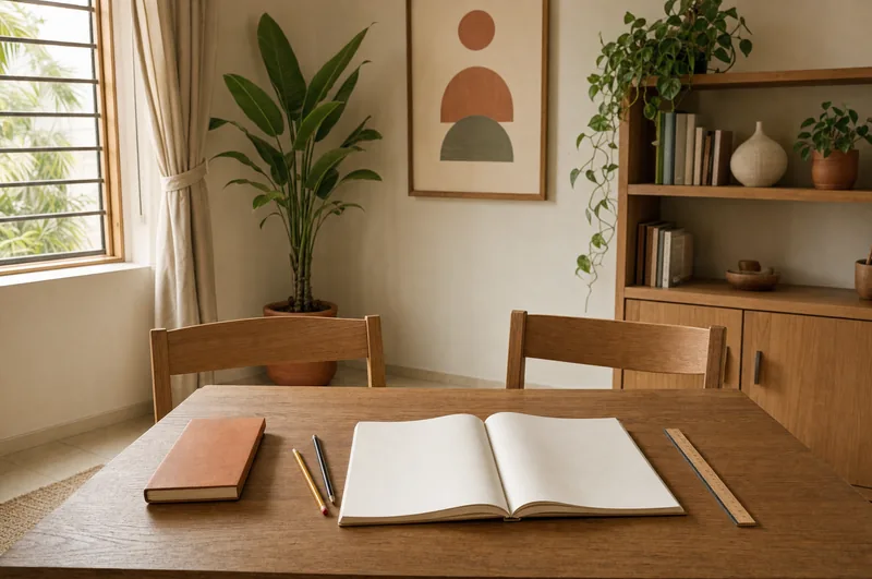 Scène d’illustration : cahier ouvert, crayons et livre sur une table pour apprendre à la maison.