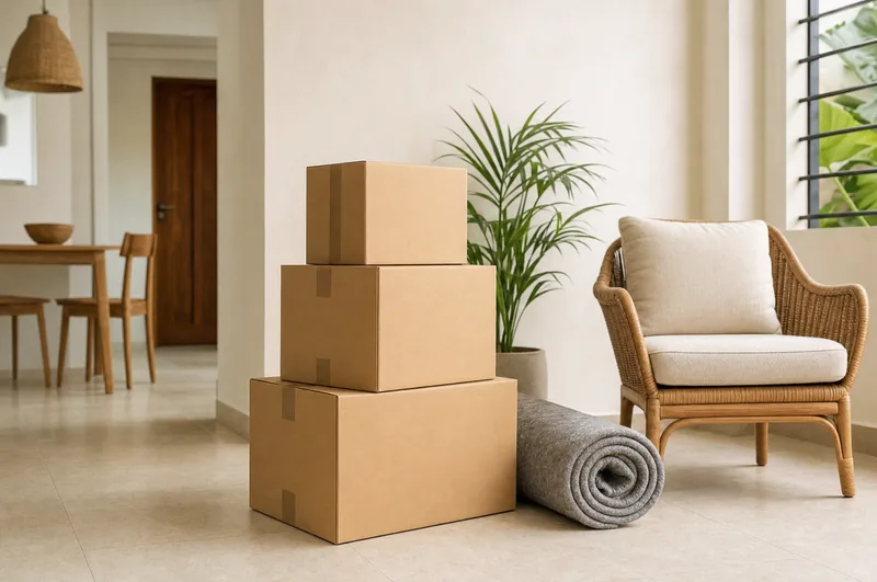 Scène d’illustration : cartons de déménagement et couverture de protection dans un intérieur.