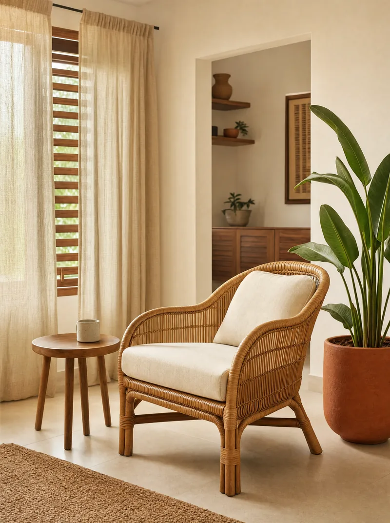 Scène d’illustration : fauteuil en rotin, plante et lumière douce dans un salon accueillant.
