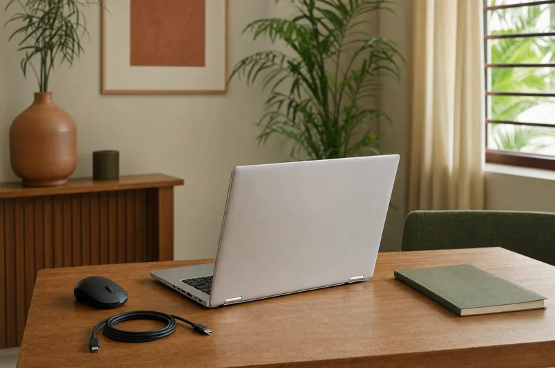 Scène d’illustration : ordinateur portable, souris et câble sur un bureau en bois.