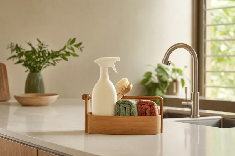 Scène d’illustration : panier de produits et accessoires de ménage sur un plan de cuisine.